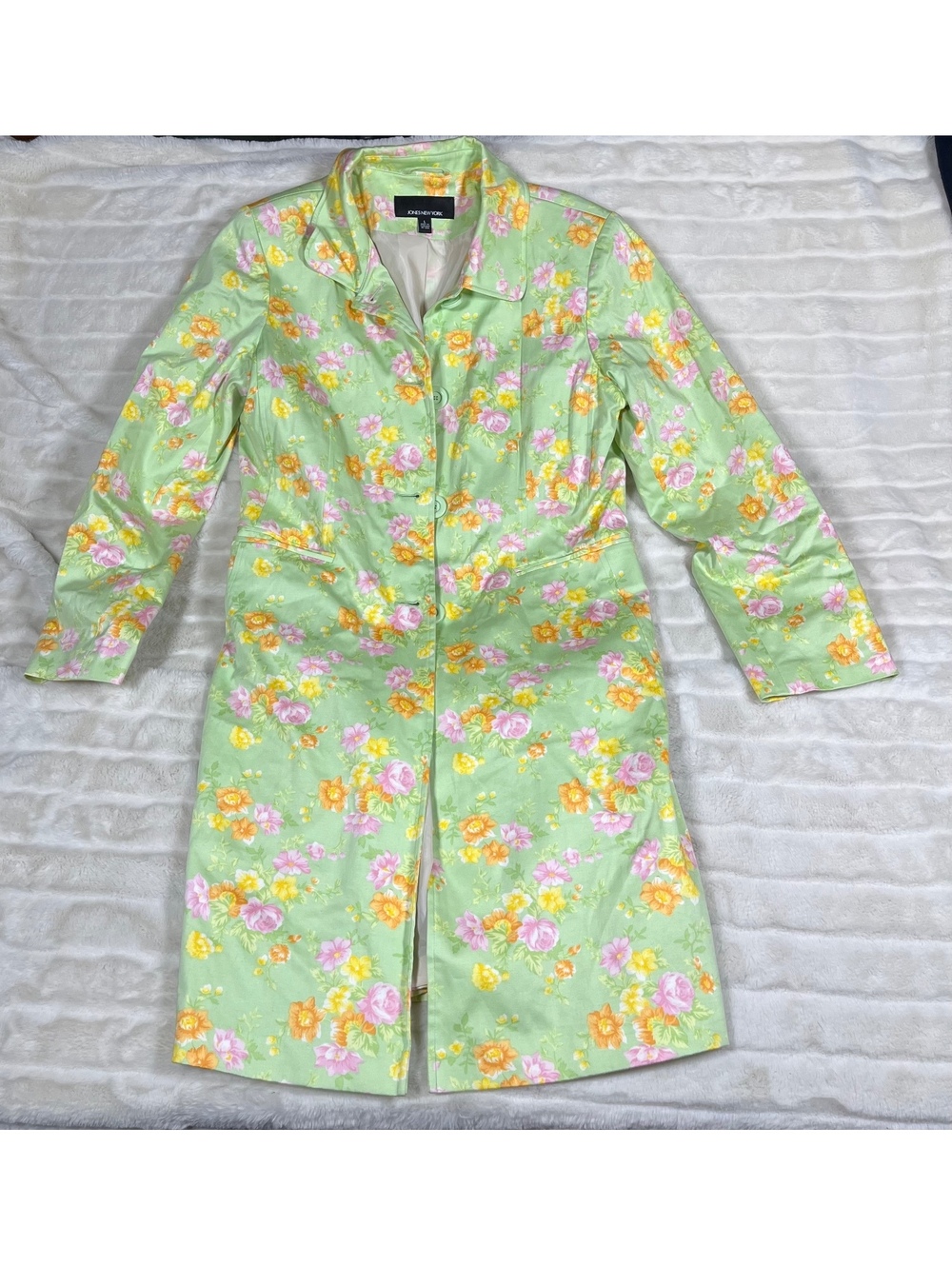 Jones New York L Chartreuse Yellow Green Bright Colorful Floral Button Pea Coat